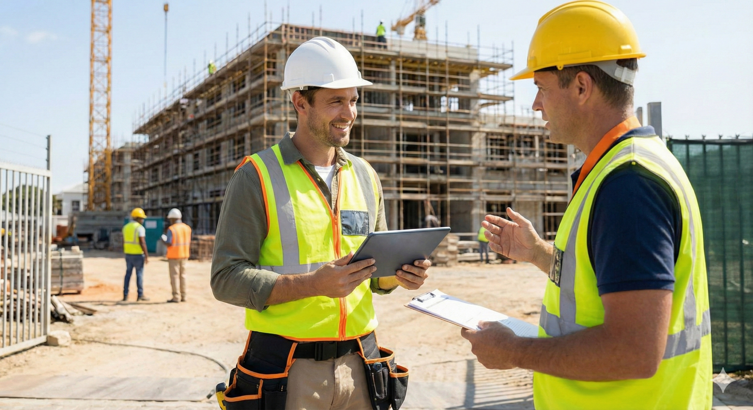 A roofing contractor in a white hard hat and safety vest reviews digital insurance compliance documents on a tablet with a job site foreman at a construction project.
