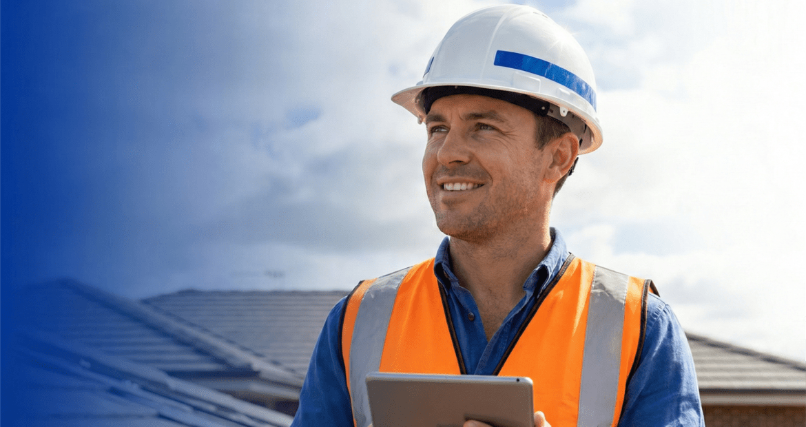 Professional roofing contractor in a white hard hat and safety vest holding a digital tablet on a rooftop, featuring a blue gradient background for insurance website messaging.