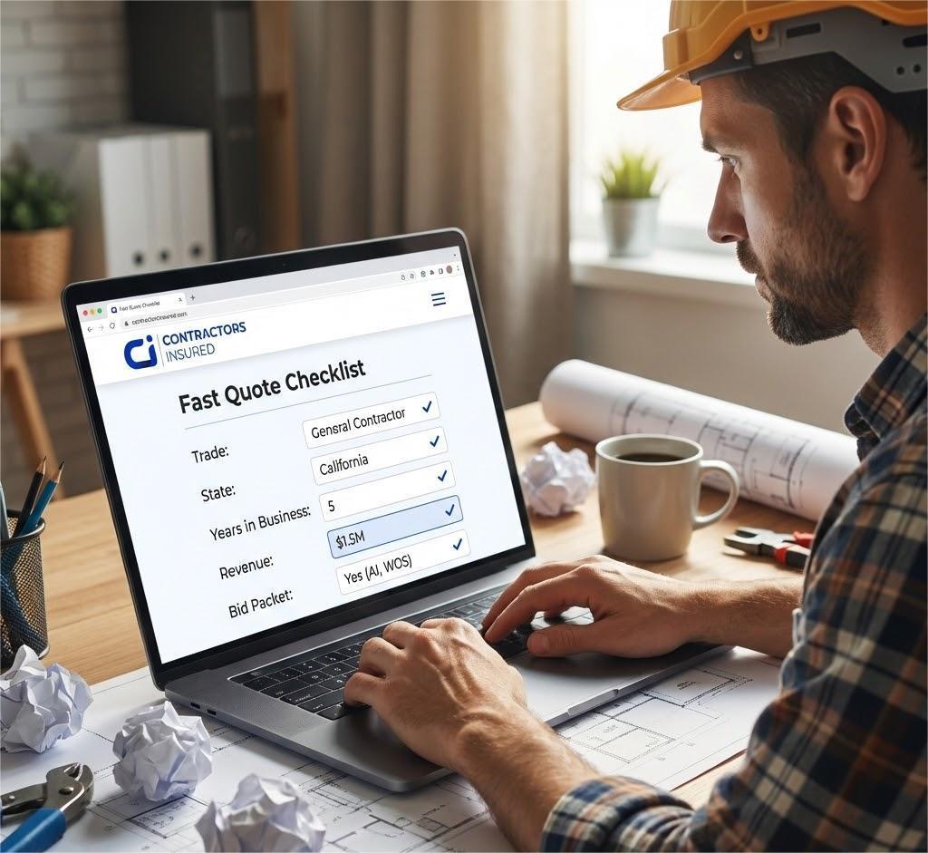 A contractor in a hard hat and plaid shirt fills out the online 'Fast Quote Checklist' on a laptop at a desk covered with blueprints, showing the Contractors Insured logo.