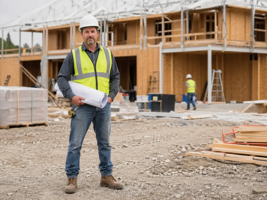 California general contractor in a white hard hat and yellow safety vest holding rolled blueprints on a residential framing jobsite, representing a contractor shopping his insurance renewal