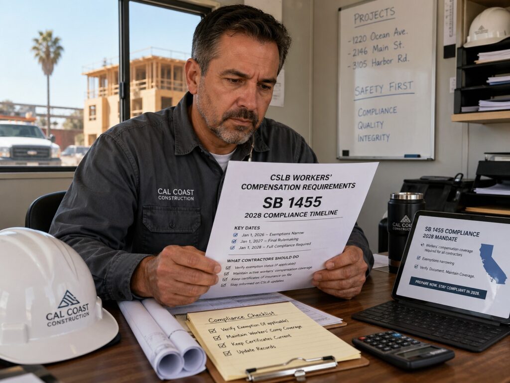 California construction crew on a residential framing job site, illustrating the CSLB classifications affected by SB 1455 workers’ comp requirements