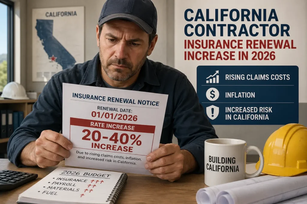 California contractor holding a 2026 insurance renewal notice showing a 20-40% rate increase driven by rising claims costs, inflation, and increased risk