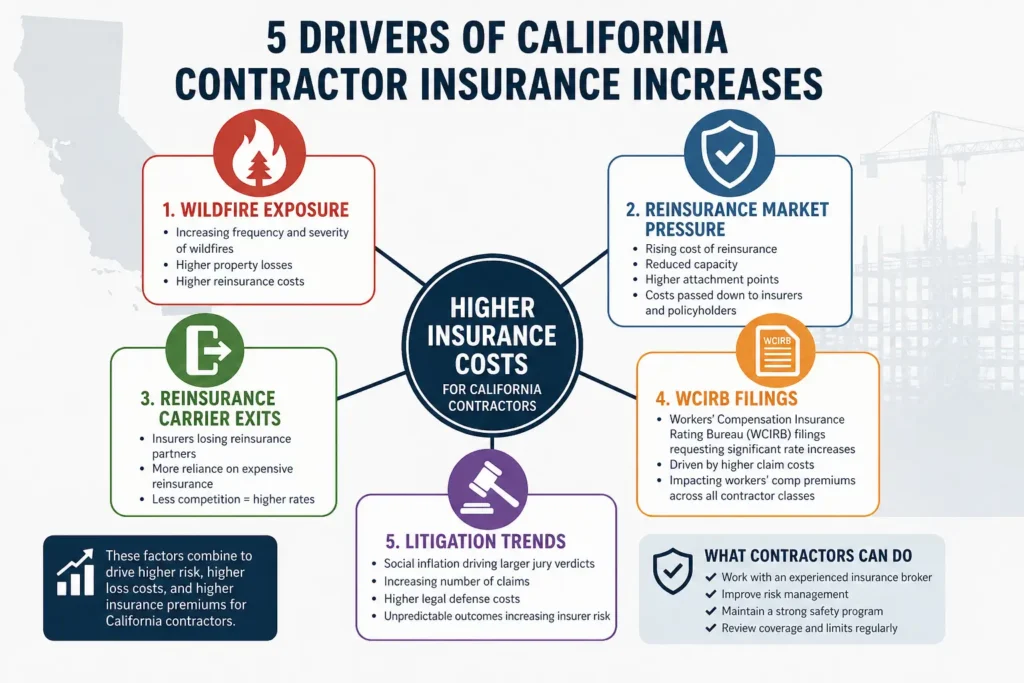 Infographic showing the 5 drivers of California contractor insurance increases: wildfire exposure, reinsurance market pressure, reinsurance carrier exits, WCIRB filings, and litigation trends, all pointing to higher insurance costs for California contractors