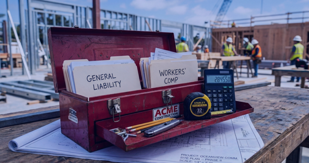 An open red metal toolbox sitting on a blueprint, containing organized file folders labeled 'General Liability' and 'Workers' Comp,' positioned with a modern digital calculator on an active construction site in daylight.