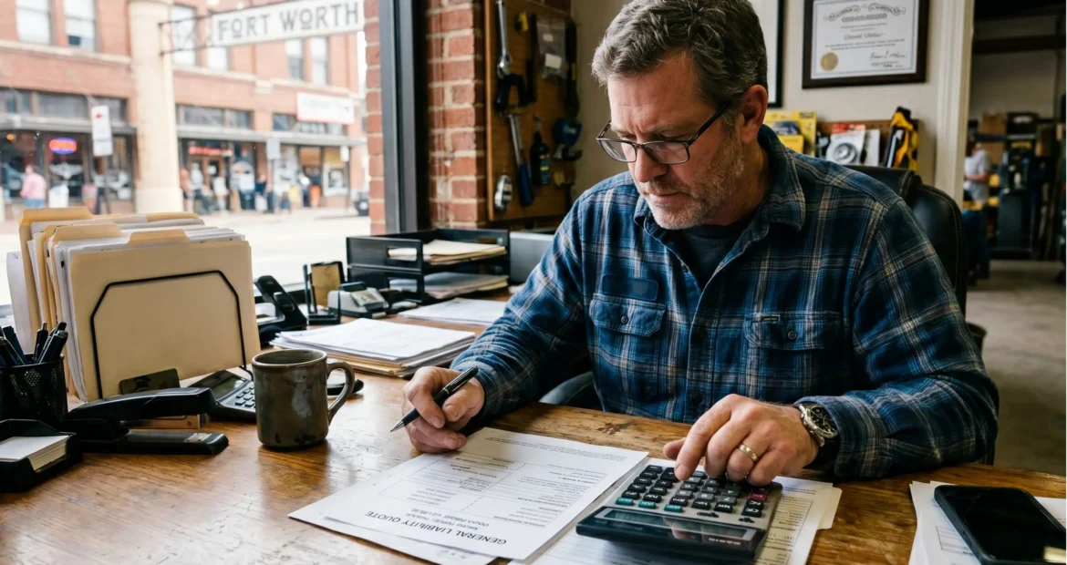 Fort Worth small business owner reviewing a 2026 general liability insurance quote with calculator and policy documents on desk
