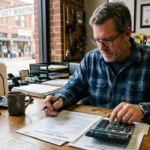 Fort Worth small business owner reviewing a 2026 general liability insurance quote with calculator and policy documents on desk