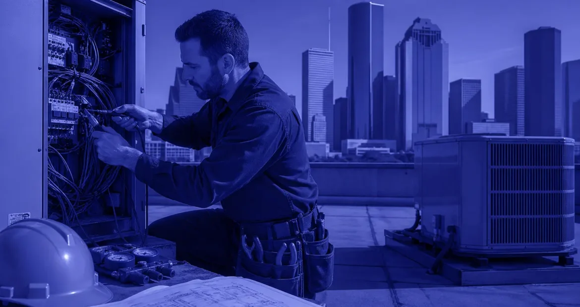 Houston HVAC contractor on a rooftop jobsite illustrating general liability insurance cost in Houston, Texas — 2026 guide