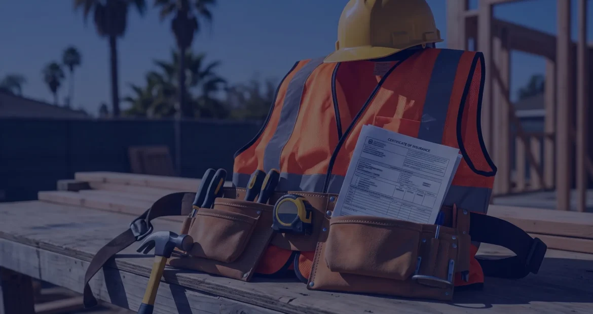 Workers' comp certificate of insurance with California contractor tool belt, hard hat, and safety vest at a residential framing jobsite