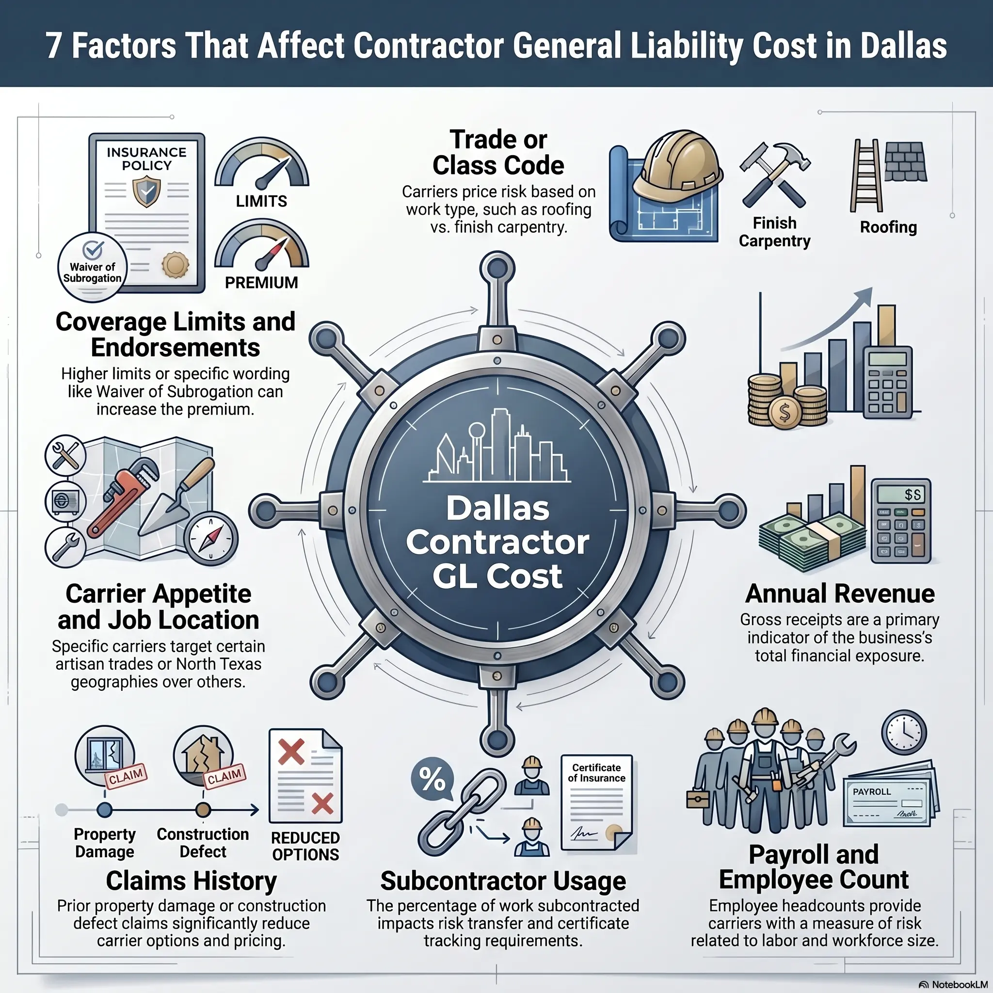Dallas contractor general liability cost factors infographic - trade, revenue, payroll, subcontractors, claims history