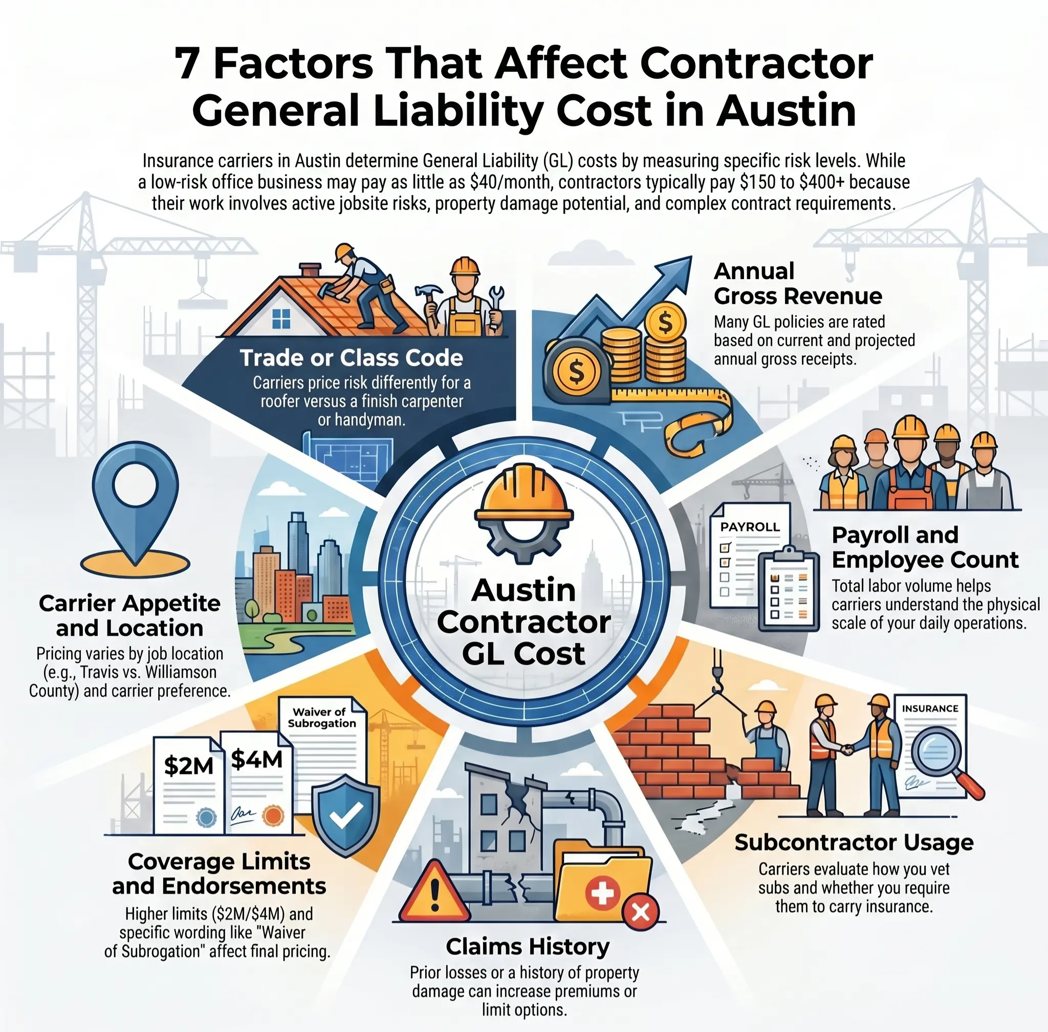 Austin contractor general liability cost factors infographic 2026