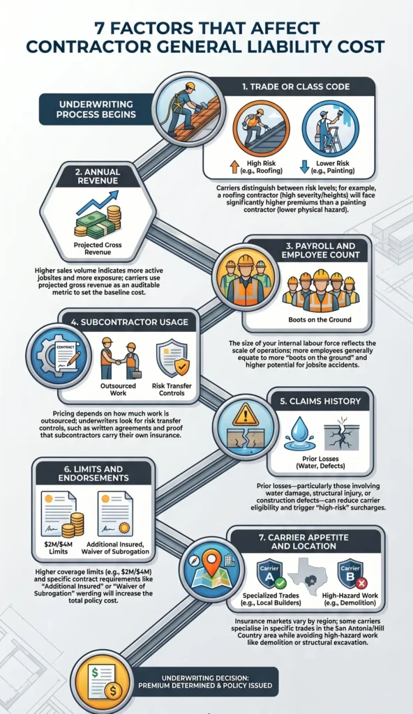 Infographic showing the 7 factors that affect contractor general liability insurance cost in San Antonio, TX: trade, revenue, payroll, subcontractor use, claims history, limits, and carrier appetite.