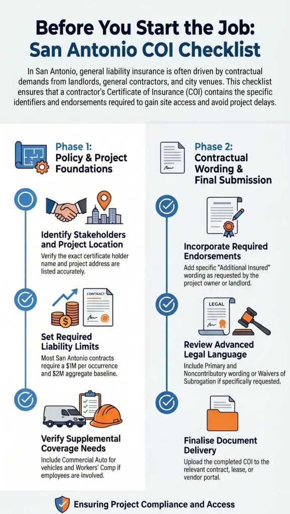 COI and additional insured checklist for San Antonio contractors.
