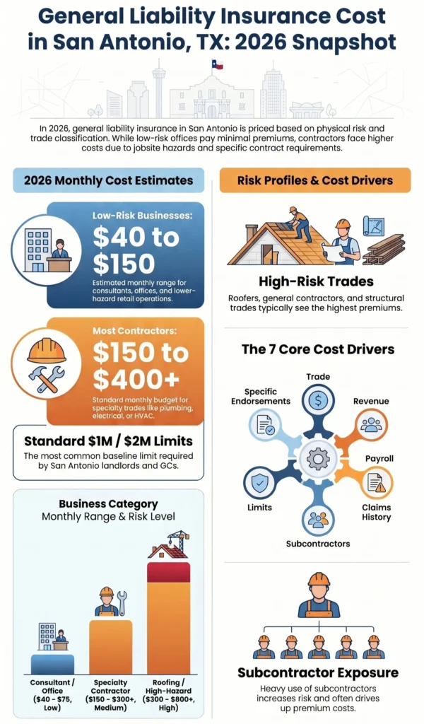 General liability insurance cost snapshot for San Antonio TX contractors and small businesses.