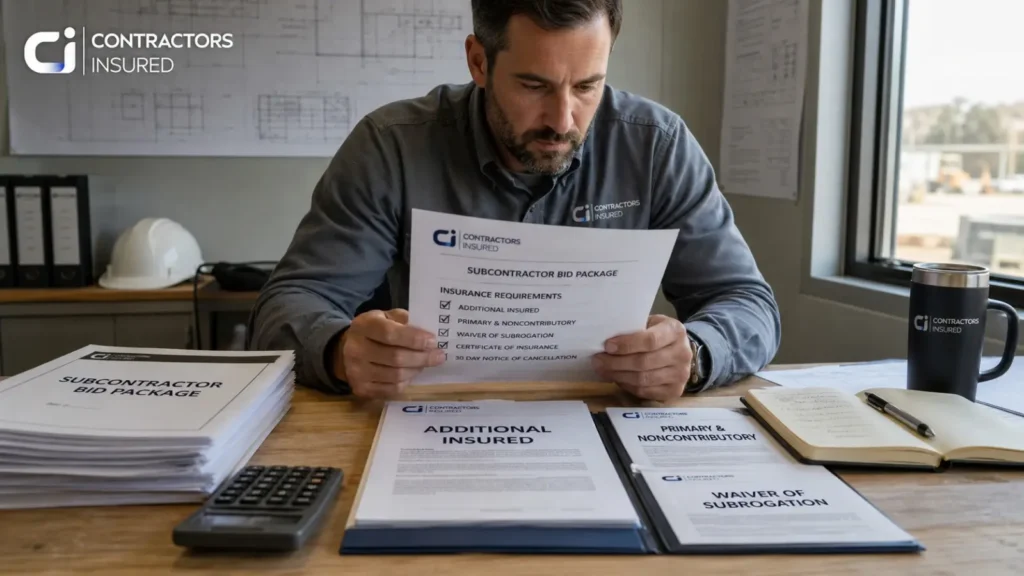 Subcontractor reviewing a bid package with insurance requirements for Additional Insured, Primary & Noncontributory, and Waiver of Subrogation endorsements