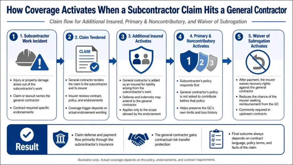 Flowchart showing how Additional Insured, Primary & Noncontributory, and Waiver of Subrogation endorsements activate when a subcontractor claim involves a general contractor