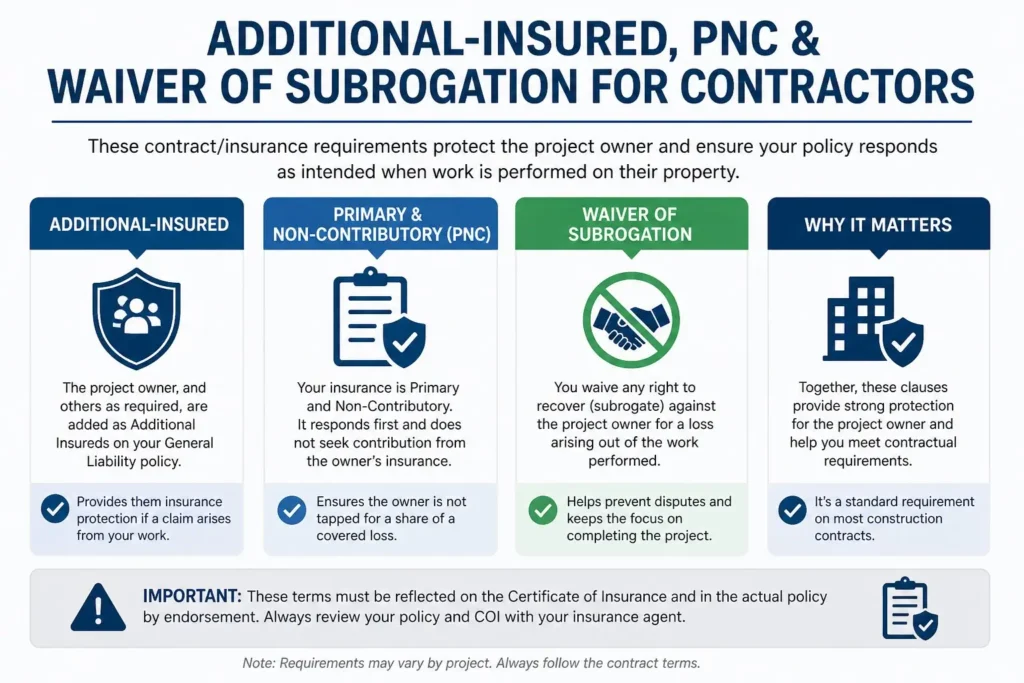 Diagram showing Additional Insured, Primary & Noncontributory, and Waiver of Subrogation endorsements and how they protect general contractors on a subcontractor's General Liability policy