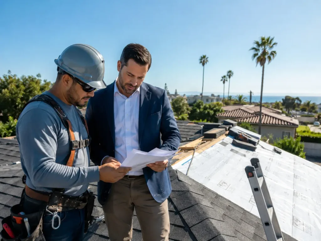 California C-39 licensed roofing contractor reviewing insurance premiums with a licensed broker on a job site, hero image for the ContractorsInsured 2026 California roofing insurance guide.