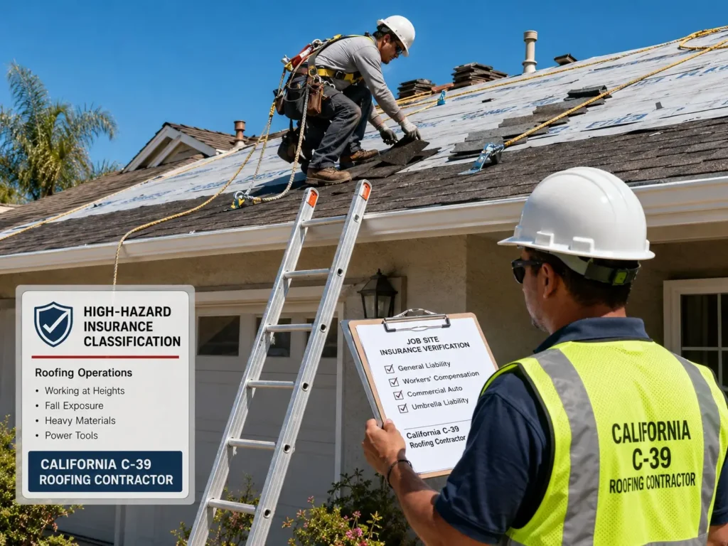 California roofers wearing Cal/OSHA-compliant fall protection harnesses and ladder safety equipment during a high-hazard tear-off, illustrating documented fall protection programs that improve C-39 underwriting outcomes.