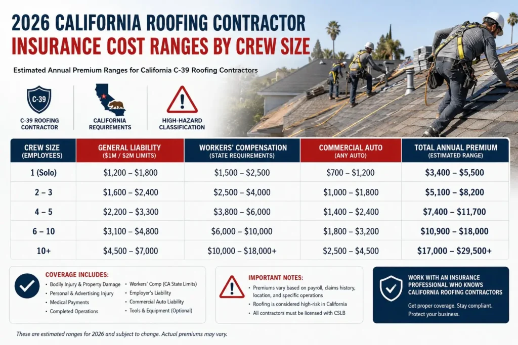 2026 California roofing contractor insurance cost ranges by crew size, showing annual premium estimates for general liability, workers compensation, and commercial auto across sole owners, small crews, and mid-size crews under C-39 classification.