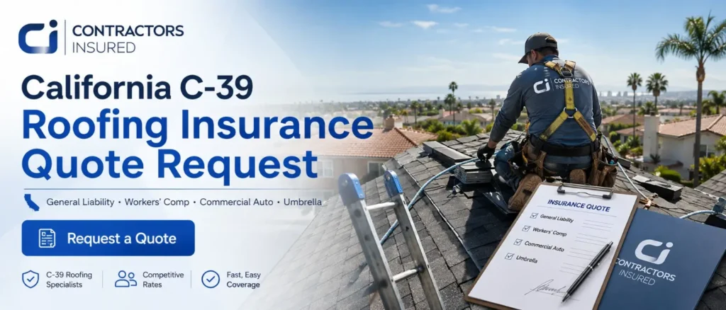 California C-39 roofing insurance quote request banner. ContractorsInsured offers general liability, workers compensation, commercial auto, and umbrella coverage shopped across multiple admitted carriers for California roofing contractors.