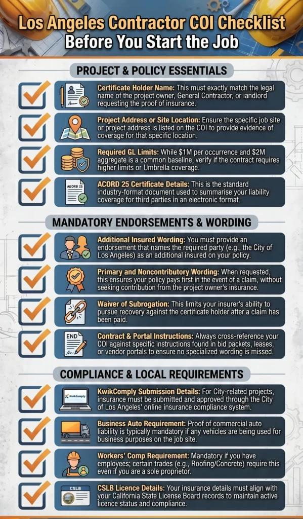 Los Angeles contractor COI, KwikComply, and additional insured endorsement checklist