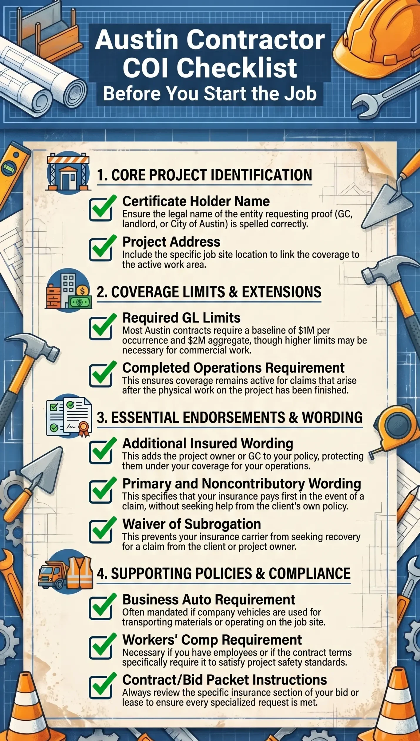 Austin contractor COI and additional insured checklist
