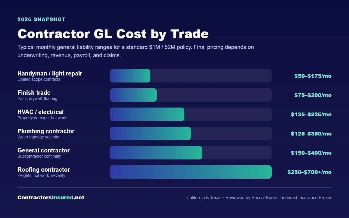 Monthly general liability insurance cost ranges by contractor trade in 2026.
