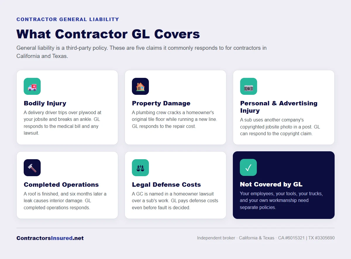 Five scenarios general liability insurance covers for contractors, including bodily injury, property damage, completed operations, and defense costs.