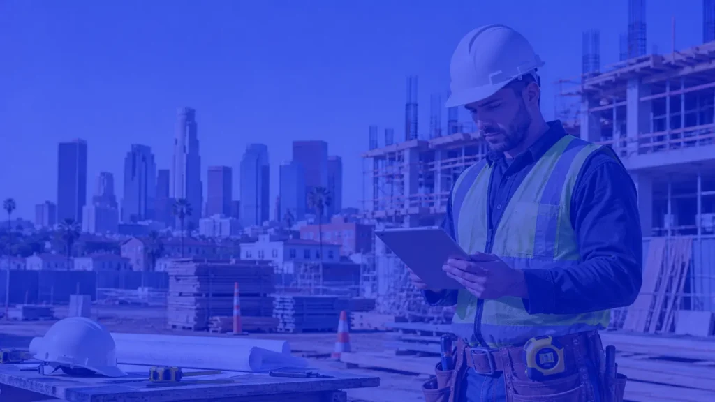 Contractor reviewing general liability insurance and COI requirements at a Los Angeles construction job site