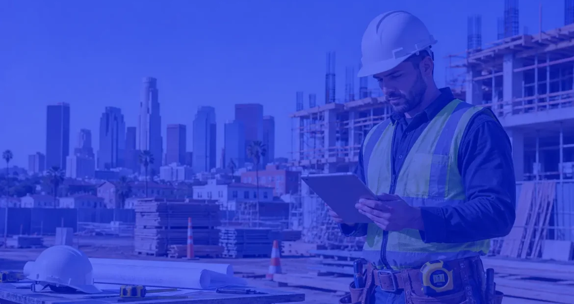 Contractor reviewing general liability insurance and COI requirements at a Los Angeles construction job site