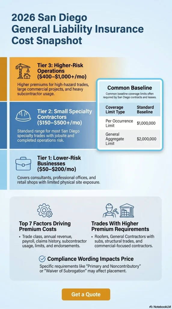 General liability insurance cost snapshot for San Diego CA contractors and small businesses in 2026