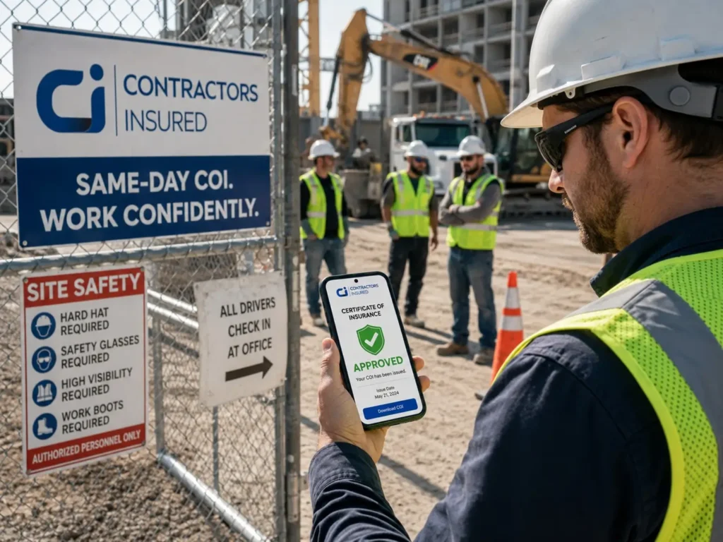 Contractor reviewing a Same-Day Certificate of Insurance (COI) at a jobsite with Contractors Insured signage in the foreground.