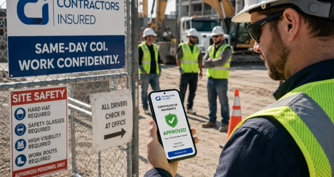 Contractor reviewing a Same-Day Certificate of Insurance (COI) at a jobsite with Contractors Insured signage in the foreground.