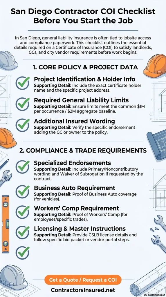 COI and additional insured checklist for San Diego contractors and small businesses