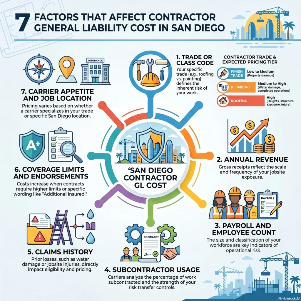 Seven factors that affect contractor general liability insurance cost in San Diego California