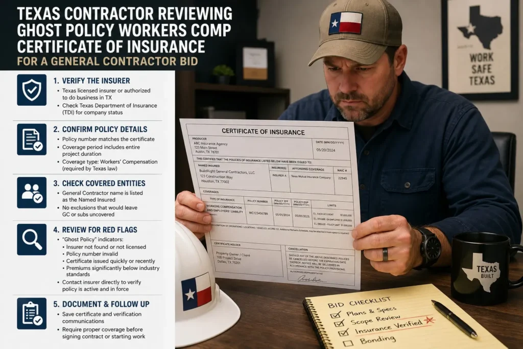 Texas contractor reviewing a ghost policy workers' compensation Certificate of Insurance for a general contractor bid, with five-step verification checklist