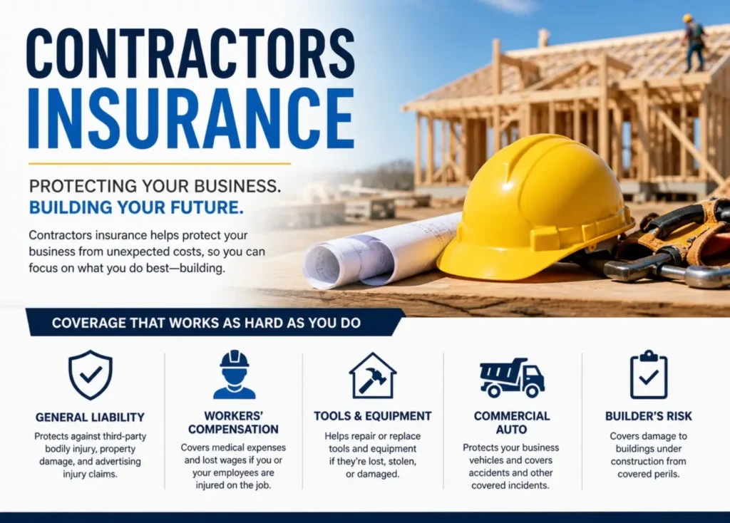 Texas contractor insurance graphic showing workers' compensation, general liability, tools and equipment, commercial auto, and builder's risk coverage for ghost policy buyers
