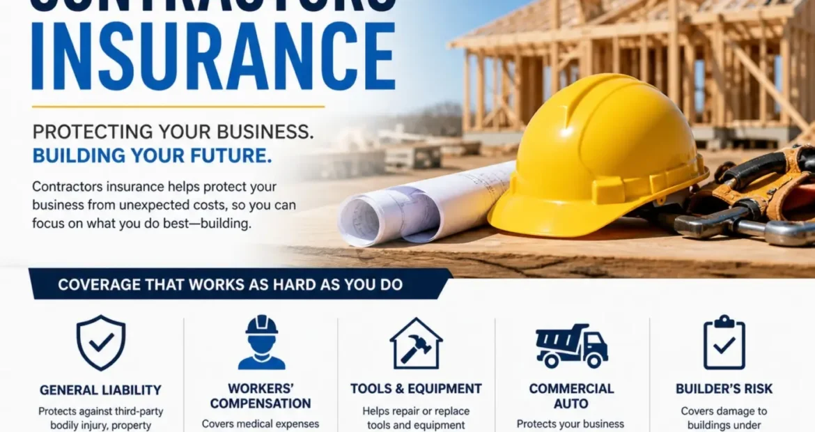 Texas contractor insurance graphic showing workers' compensation, general liability, tools and equipment, commercial auto, and builder's risk coverage for ghost policy buyers