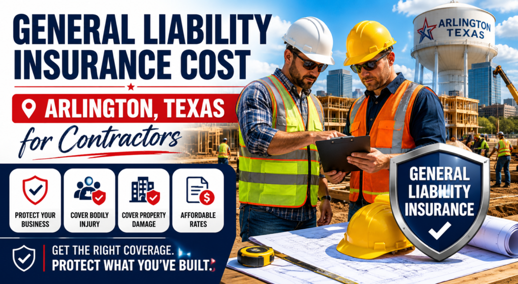 Two contractors in hard hats and safety vests review a clipboard over blueprints at an Arlington, Texas jobsite, with the city's water tower in the background.