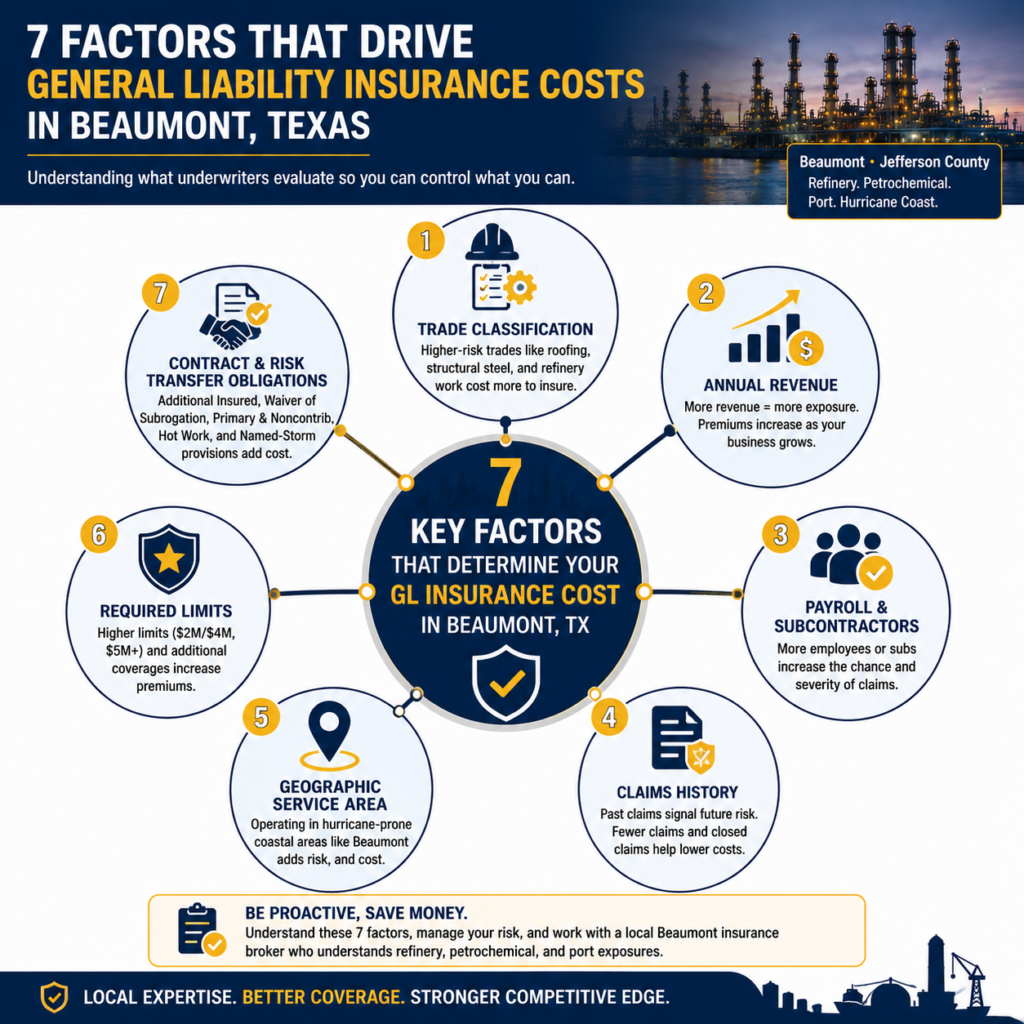 Hub and spoke diagram of the 7 factors that price a Beaumont contractor general liability policy