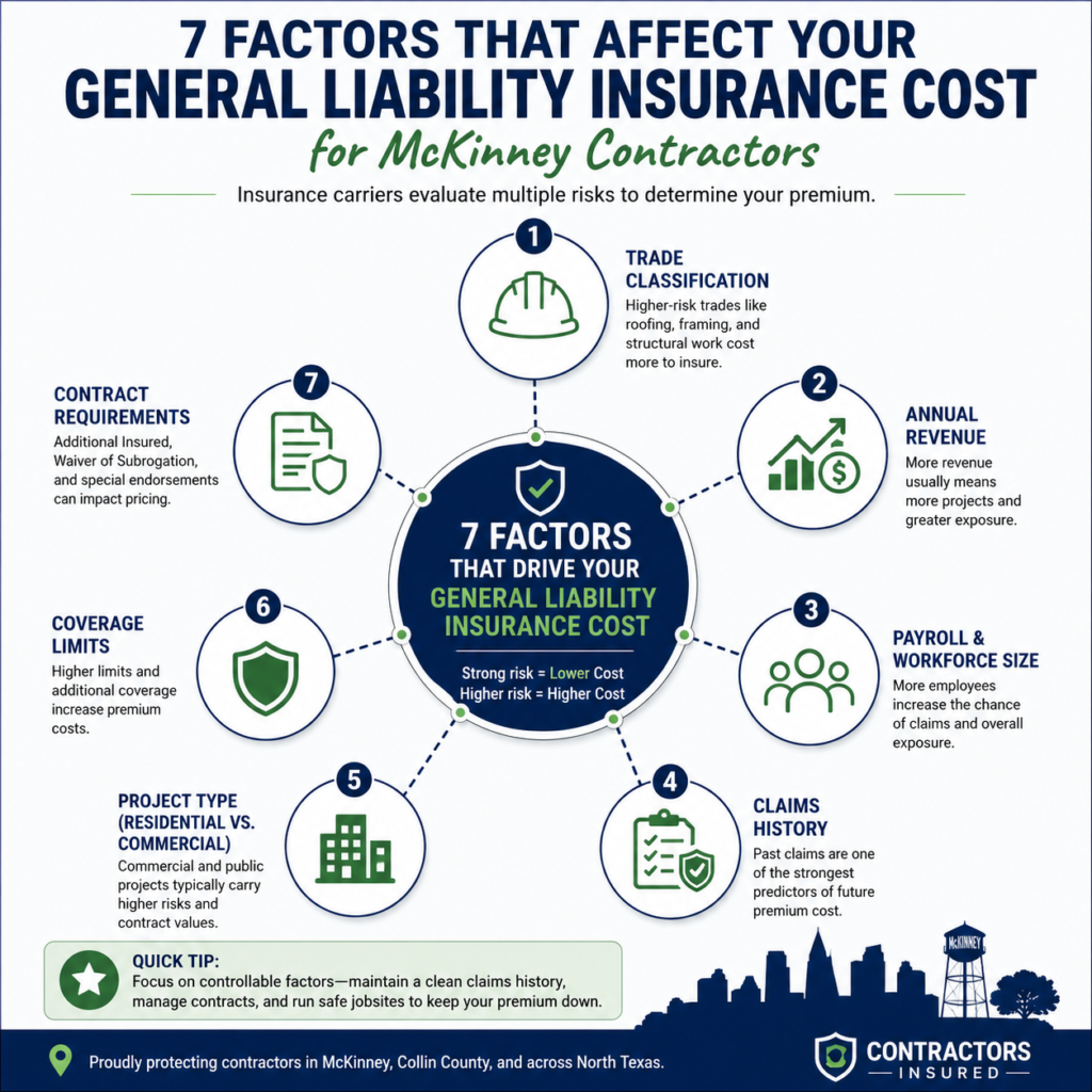 Hub-and-spoke infographic of the 7 factors that affect general liability insurance cost for McKinney contractors: trade classification, annual revenue, payroll, claims history, project type, coverage limits, and contract requirements.