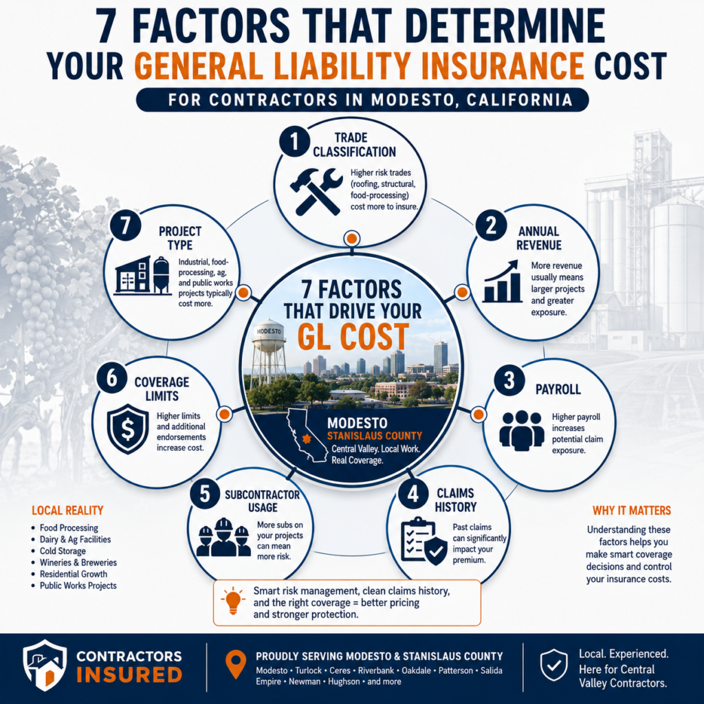 Hub-and-spoke infographic showing the seven major factors that drive general liability insurance costs for Modesto, California contractors, such as trade type, payroll, coverage limits, and claims history.