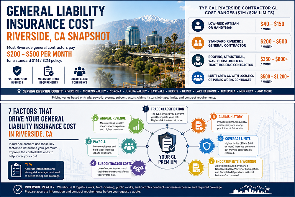 Most Riverside general contractors pay $200 to $500 a month for a $1M/$2M general liability policy, with multi-crew or public works contractors reaching $500 to $1,200+. Seven factors drive the premium: trade classification, annual revenue, payroll, subcontractor costs, claims history, coverage limits, and endorsements and contract wording.