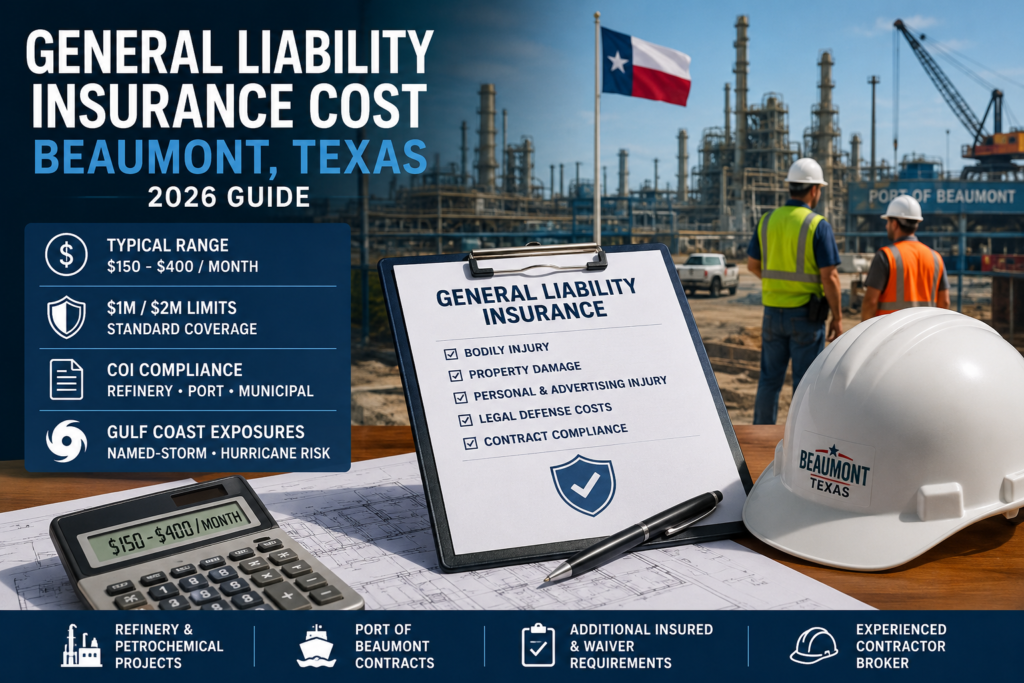 Contractor reviewing general liability insurance and COI requirements for a Beaumont job site.