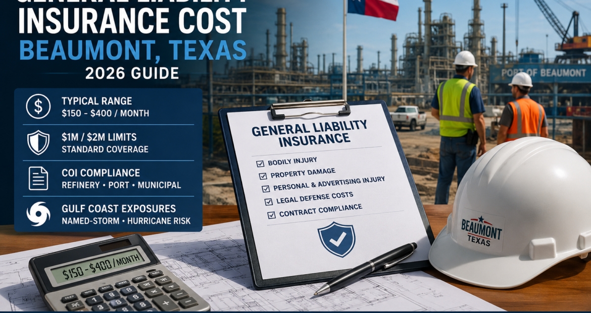 Contractor reviewing general liability insurance and COI requirements for a Beaumont job site.