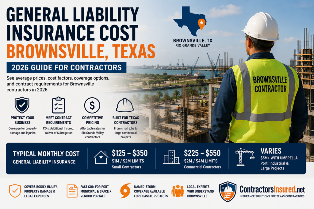 Contractor reviewing general liability insurance and COI requirements for a Brownsville job site.