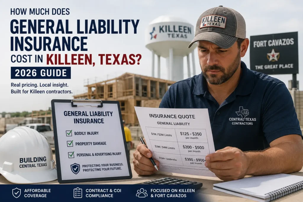 Contractor reviewing general liability insurance and COI requirements for a Killeen job site.