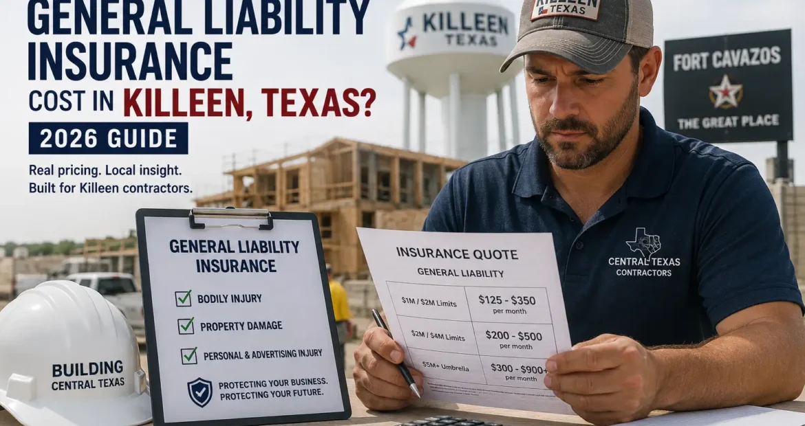 Contractor reviewing general liability insurance and COI requirements for a Killeen job site.
