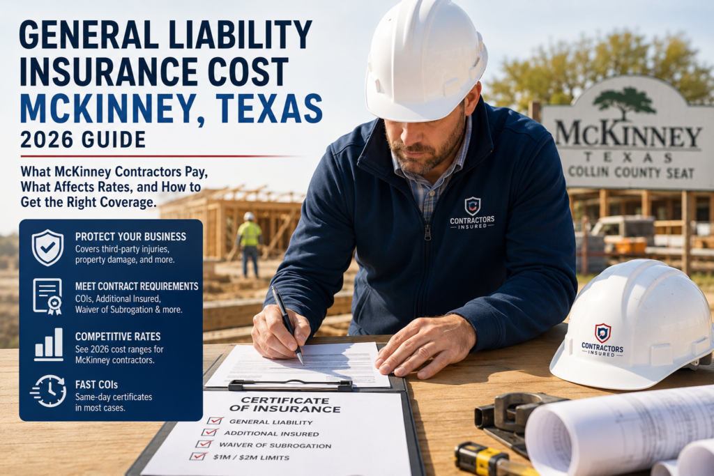 Contractor reviewing general liability insurance and COI requirements for a McKinney job site.