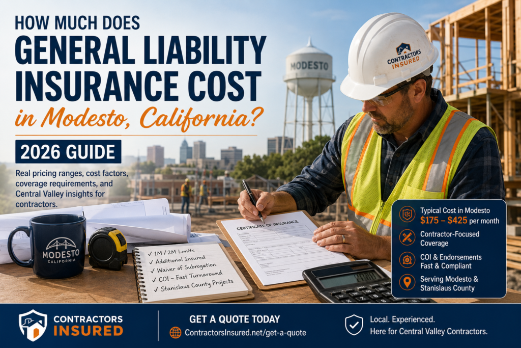 Contractor reviewing general liability insurance and COI requirements for a Modesto job site.
